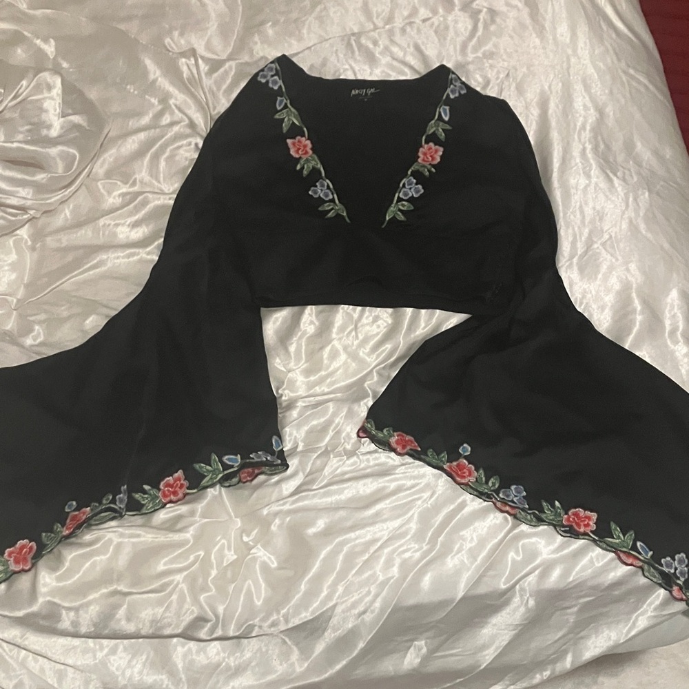 Nasty Gal Black Embroidered Floral Tie-Front Wrap Top - Picture 8 of 9
